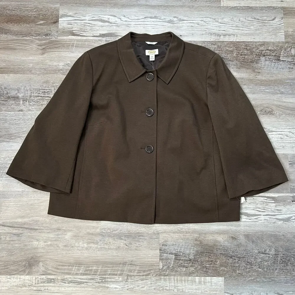 Talbots Woman Jacket Brown Stretch Cropped Swing Fit 3/4 Sleeve 24W Vintage